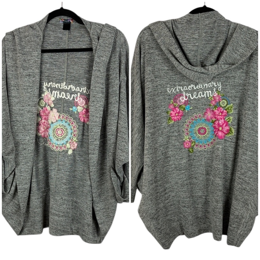 Desigual Grey Hooded Open Front Cardigan Embroidered Floral Graphic Boho Sweater